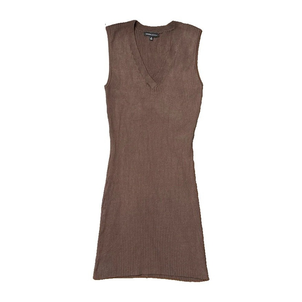 Kendall & Kylie bodycon Brown Ribbed Knit Mini Sweater Dress V-Neck S